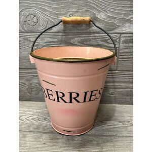 Berries Bucket Distressed Pink Metal Farmhouse Style Decorative Pail  8” Tall